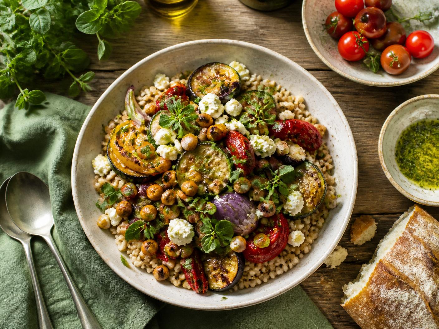Bol mediterráneo con cereales, verduras asadas, garbanzos y hierbas sobre mesa de madera.