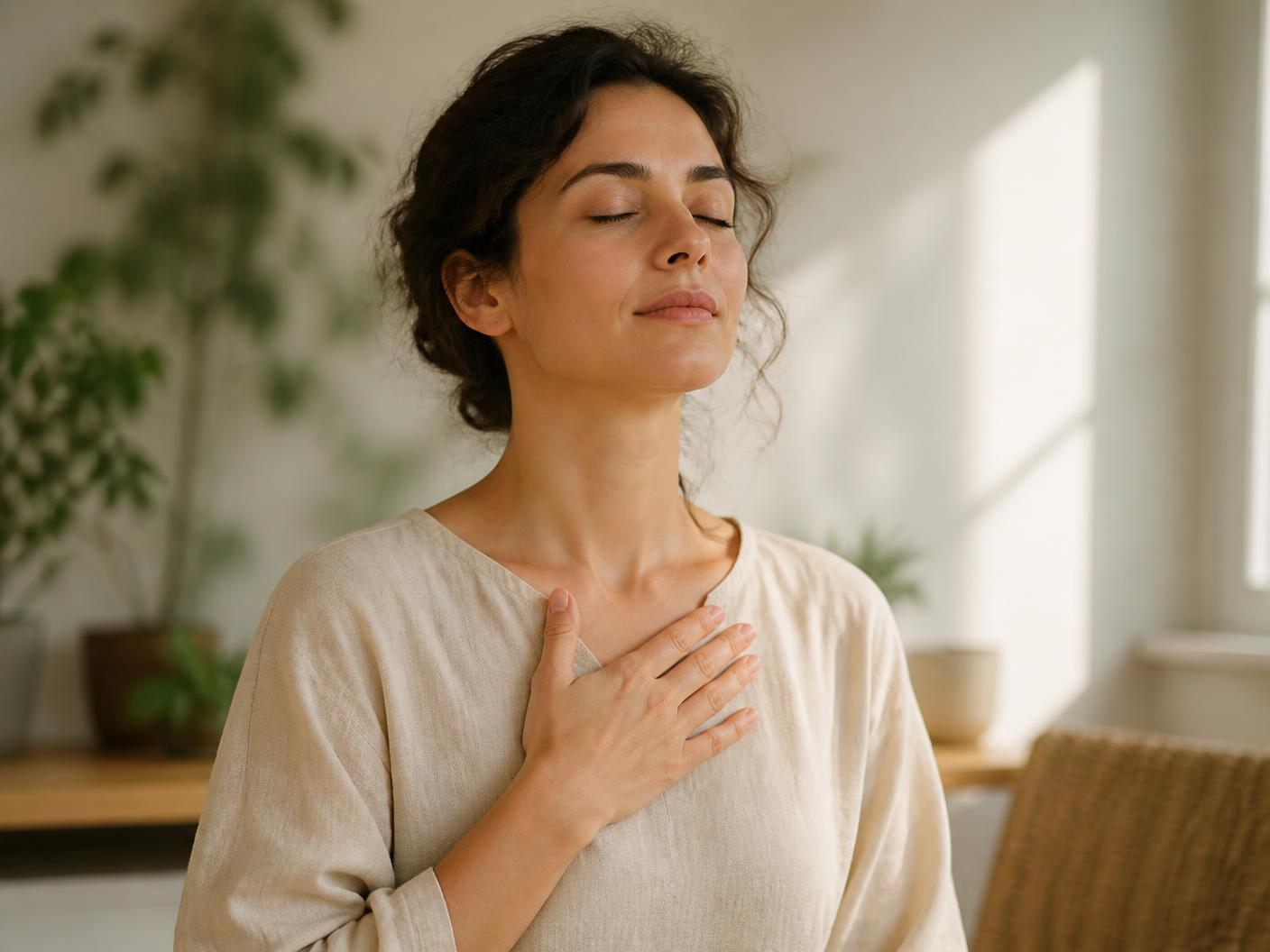 Mujer joven con la mano sobre el pecho, respirando con calma en una habitación luminosa.