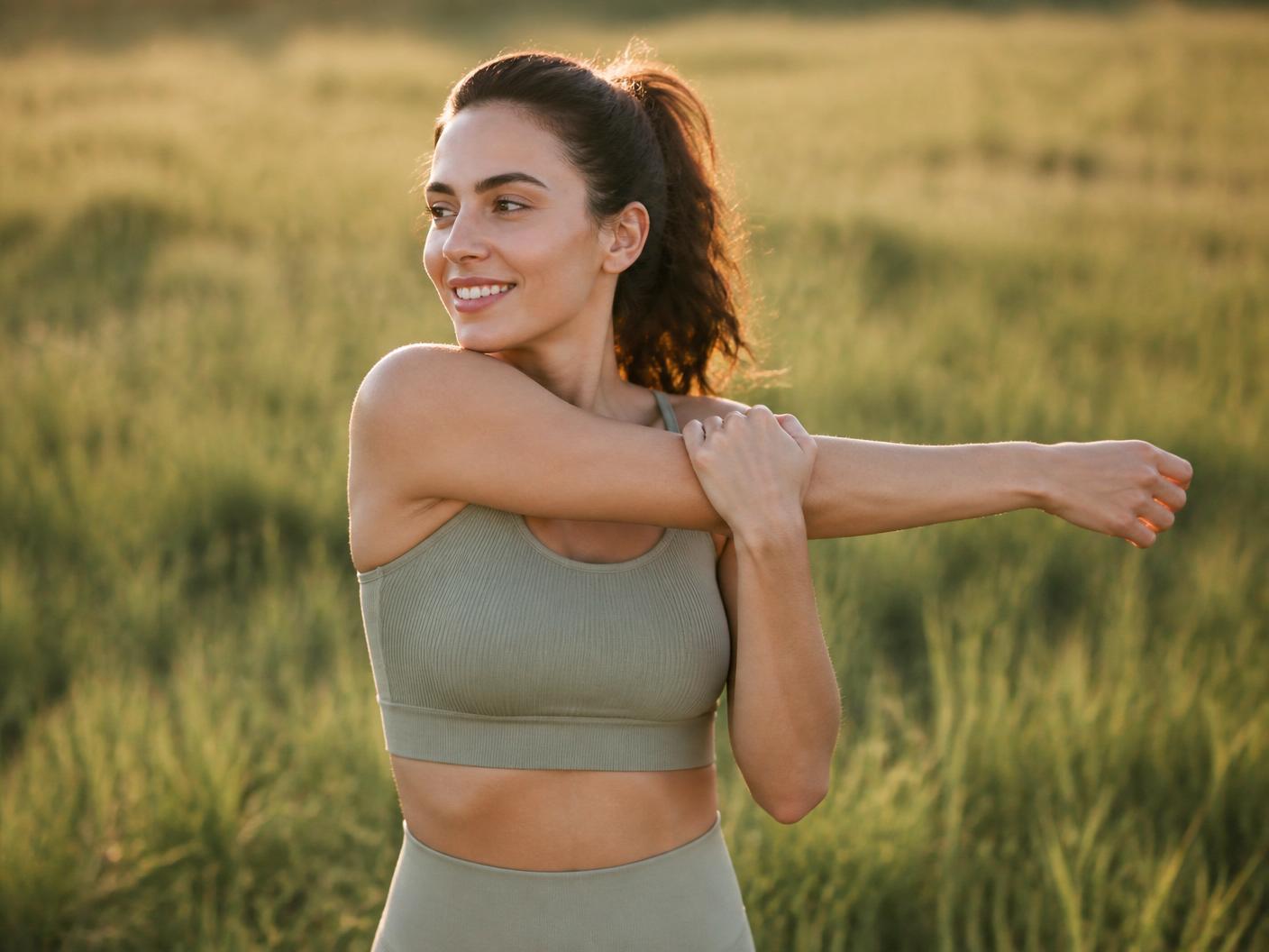 Mujer joven estirando los brazos al aire libre con luz dorada al atardecer.