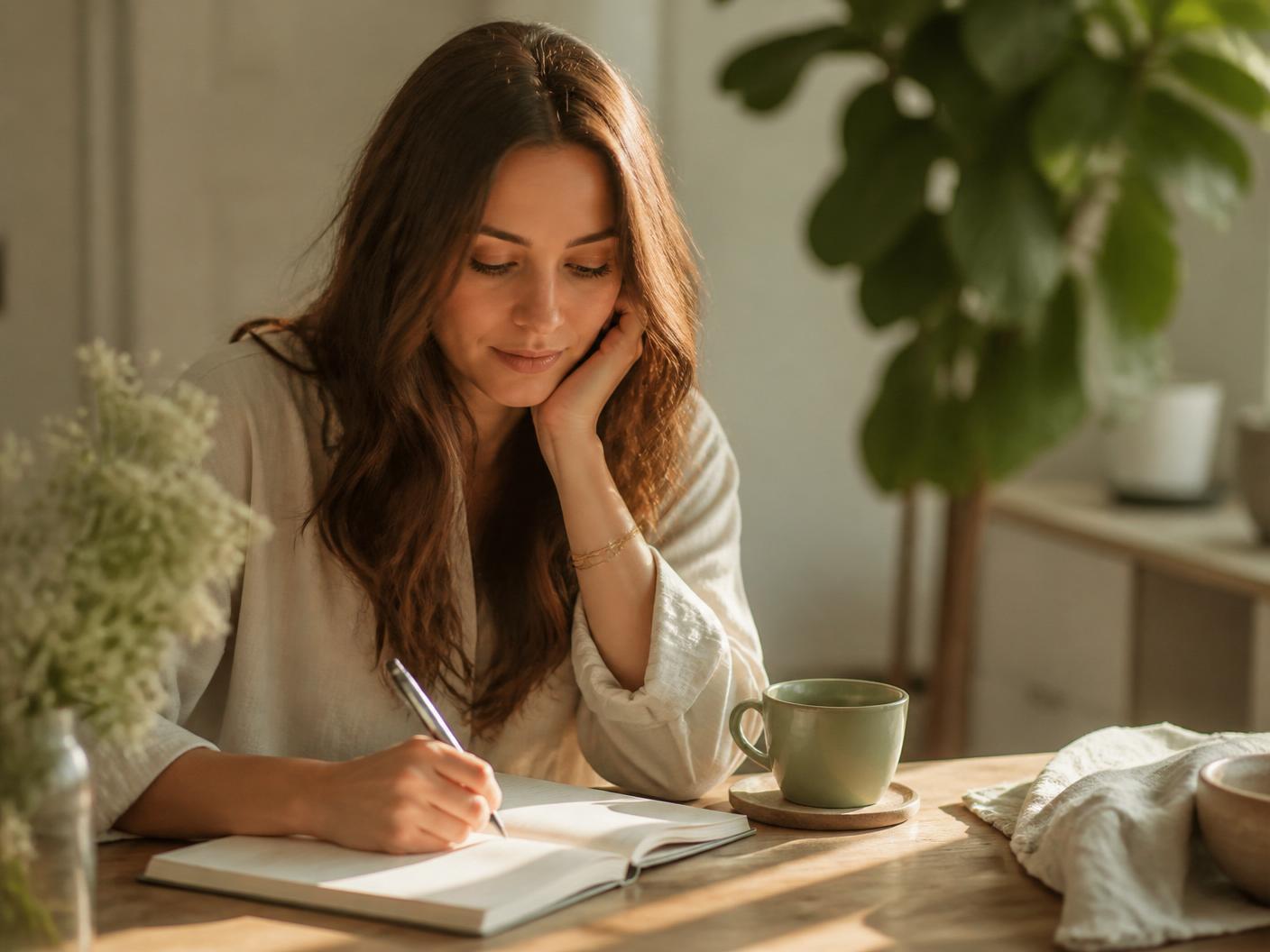 Mujer joven escribiendo en un cuaderno junto a una taza, con luz cálida de la mañana.